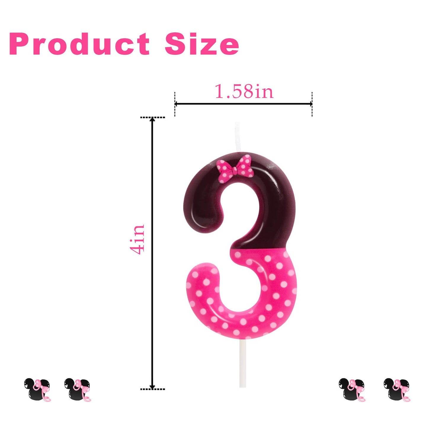 OGnomiFX Pink Black Birthday Candles for Girls, Number 3 Wax Cake Topper, Cartoon Themed Party Decor