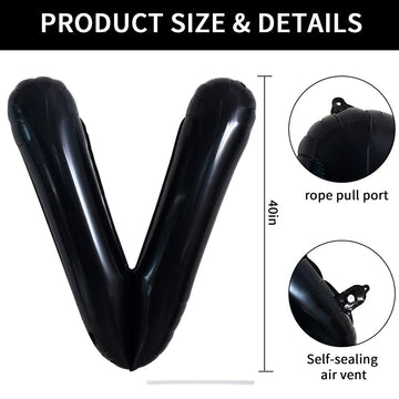 Toniful 40 Inch Large Black V Letter Balloons Jumbo Helium Balloons,Foil Mylar Big Alphabet Balloons For Birthday Party Annivers