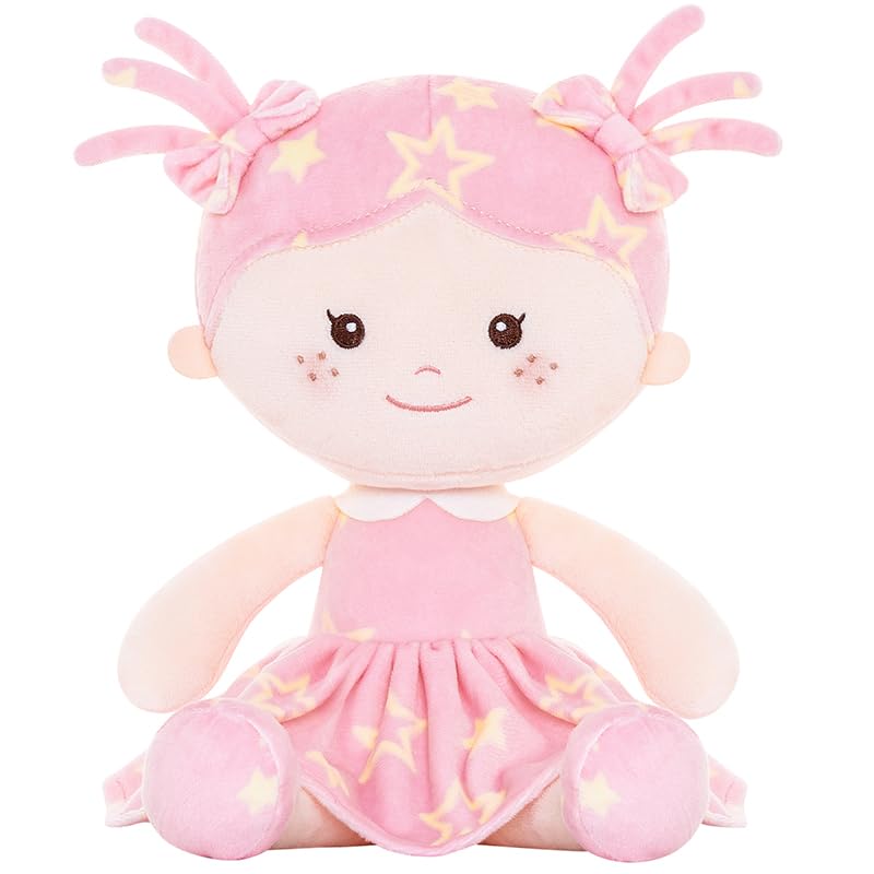 Onetoo First Baby Doll Plush Baby Girls Dolls Rag Doll Soft Baby Doll For Girls Sleeping Cuddle Buddy Doll Wear Star Pink Sleeveless Dress 14'