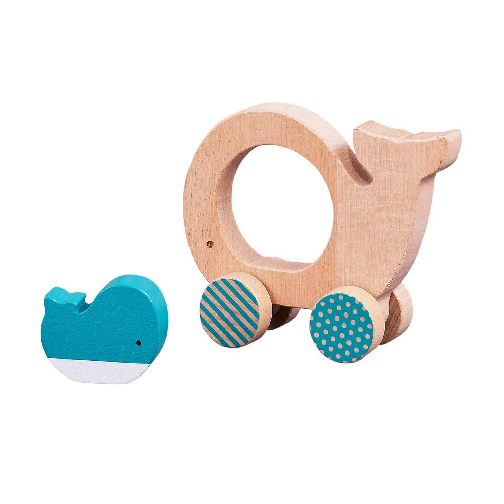 Petit Collage Wooden Push Toy Whale & Baby - One Size, Encourages Movement, Ideal for Ages 12 Months+, Model PTC539