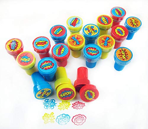 Tiny Mills 24 Pcs Superhero Assorted Stamps for Kids Self Ink Stamps (12 Different Designs) Superhero Birthday Party, Superhero