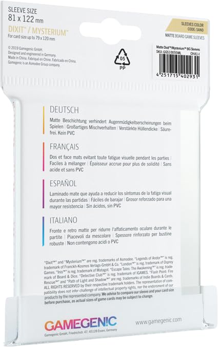 Matte Board Game Sleeves | Pack of 90 Matte Sleeves | 81 by 122 mm Card Sleeves Optimized for Use with Dixit and Mysterium | enhanced Card Protection | FFG Sand Color Code | Made by Gamegenic