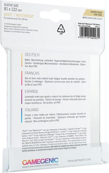 Matte Board Game Sleeves | Pack of 90 Matte Sleeves | 81 by 122 mm Card Sleeves Optimized for Use with Dixit and Mysterium | enhanced Card Protection | FFG Sand Color Code | Made by Gamegenic