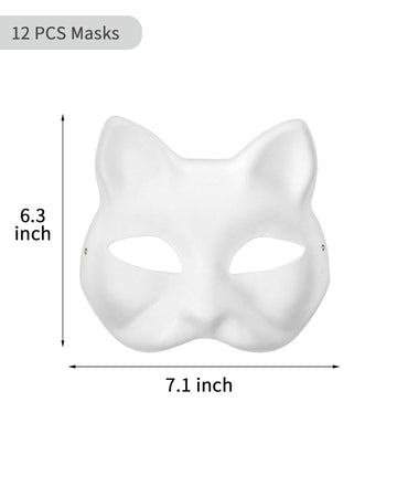 XIPEGPA 12 PCS White Paper Cat Masks - Large Blank Animal Cosplay Facemask for DIY Painting, Masquerade Costume Prop