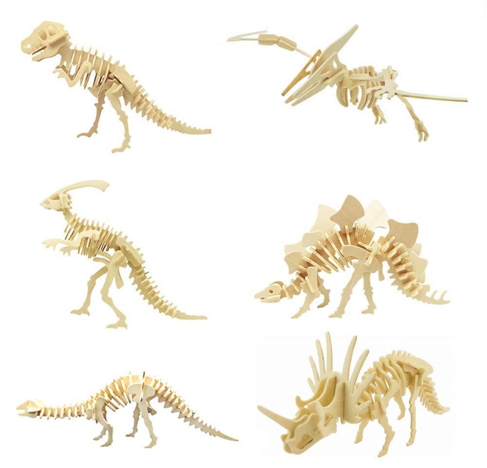 3D Wooden Dinosaur Puzzle - 6 Piece Set Wood Dinosaur Skeleton Model Puzzle - Diy Wooden Crafts 3D Puzzle - Stem Toys Gifts For Kids And Adults