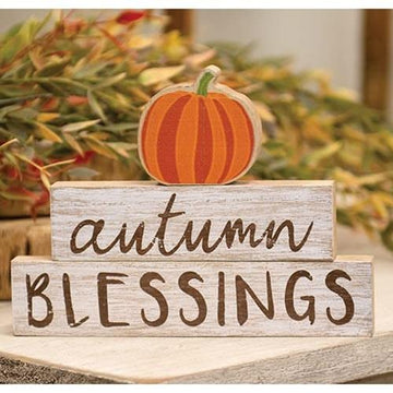 Set Of 3 Autumn Blessings W/ Pumpkin Wood Stackers Shelf Sitters Fall Autumn Decoration Distressed Wood Country Farmhouse Rustic