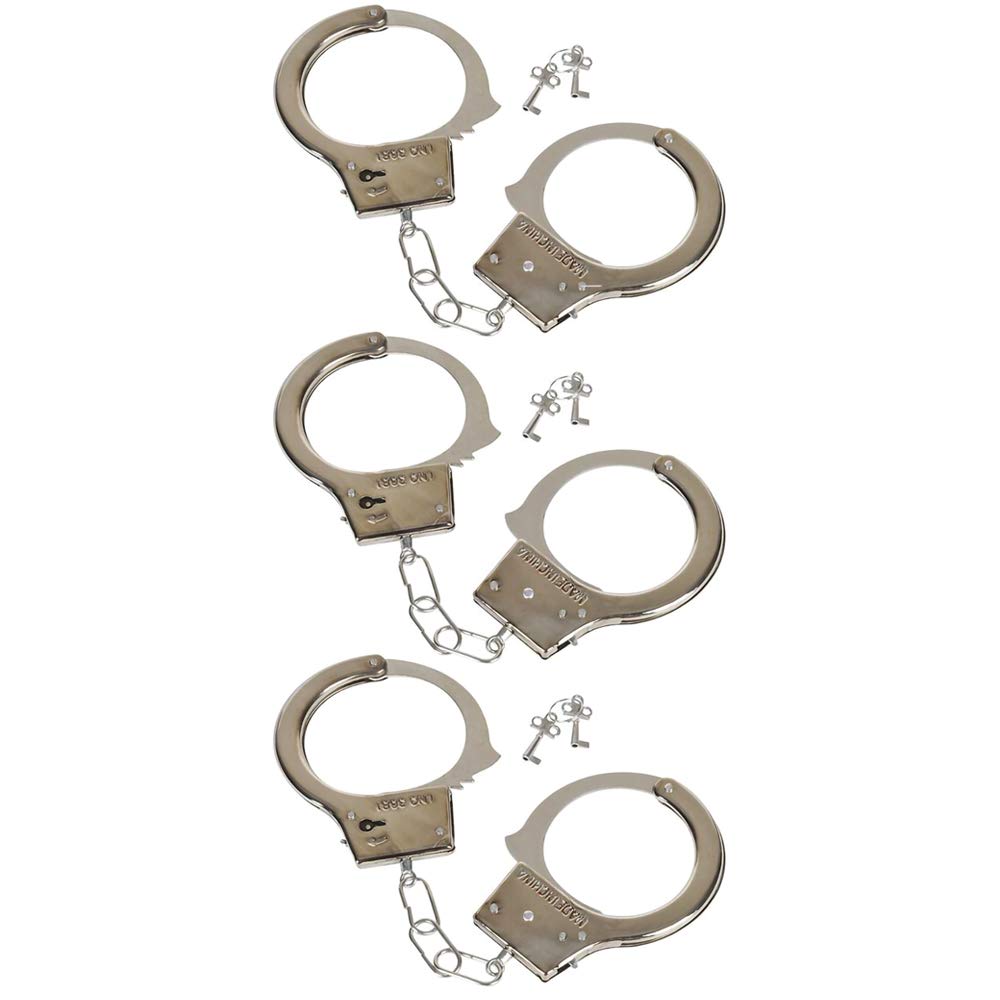 The Dreidel Company Steel Metal Play Handcuffs Pretend Police Hero Cops Halloween Dress Up, Birthday Party Gatherings, Party Favors, 10.5' Inch (3-Pack)