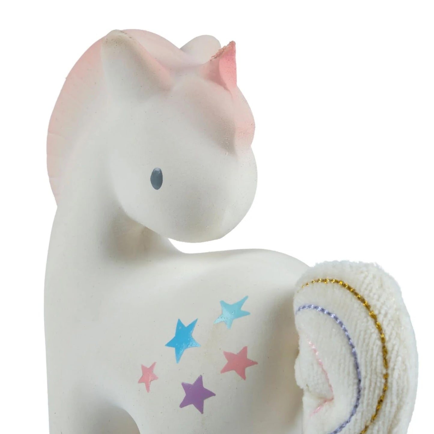 Tikiri Fairytales Cotton Candy Unicorn Natural Rubber Rattle With Crinkle Tail (White)