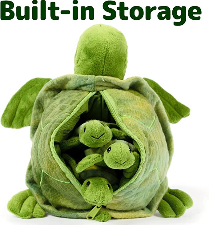 Prextex Plush Toys Turtle Stuffed Animal W/ 3 Baby Stuffed Turtle - Big Turtle With Zipper - 3 Little Baby Turtle Plush - Turtle