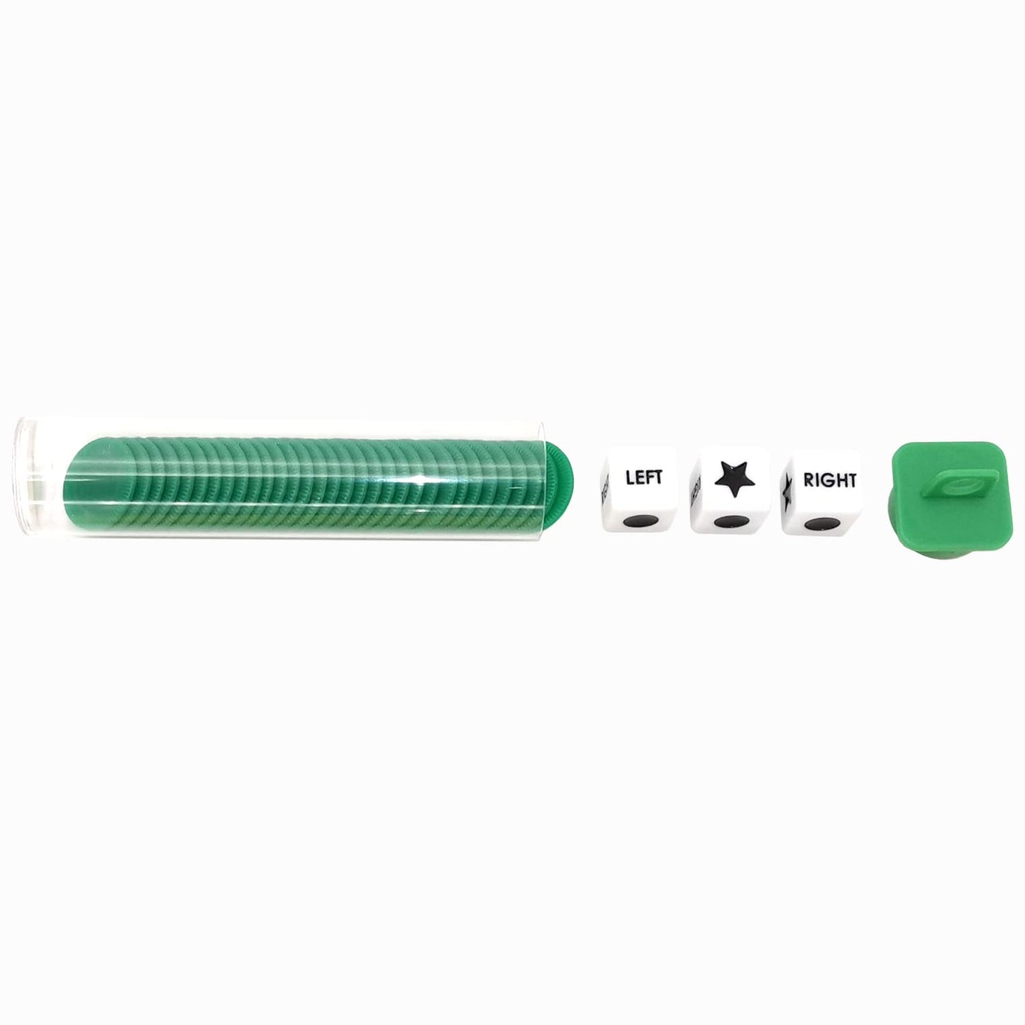 Ahoper Left Right Center Dice Game Prime Set Bundle With 3 Dices + 36 Chips. Round Tube Storage Is Very Convenient For Travel. Easy To Store, Carry Around. (Green)