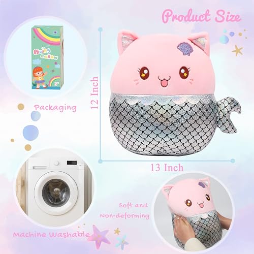 Mushymallow 12 Mermaid Cat Plush Pillow Soft Mermaid Stuffed Animal Cute Cat Plush Toy Birthday Christmas Festival Gift For Kids