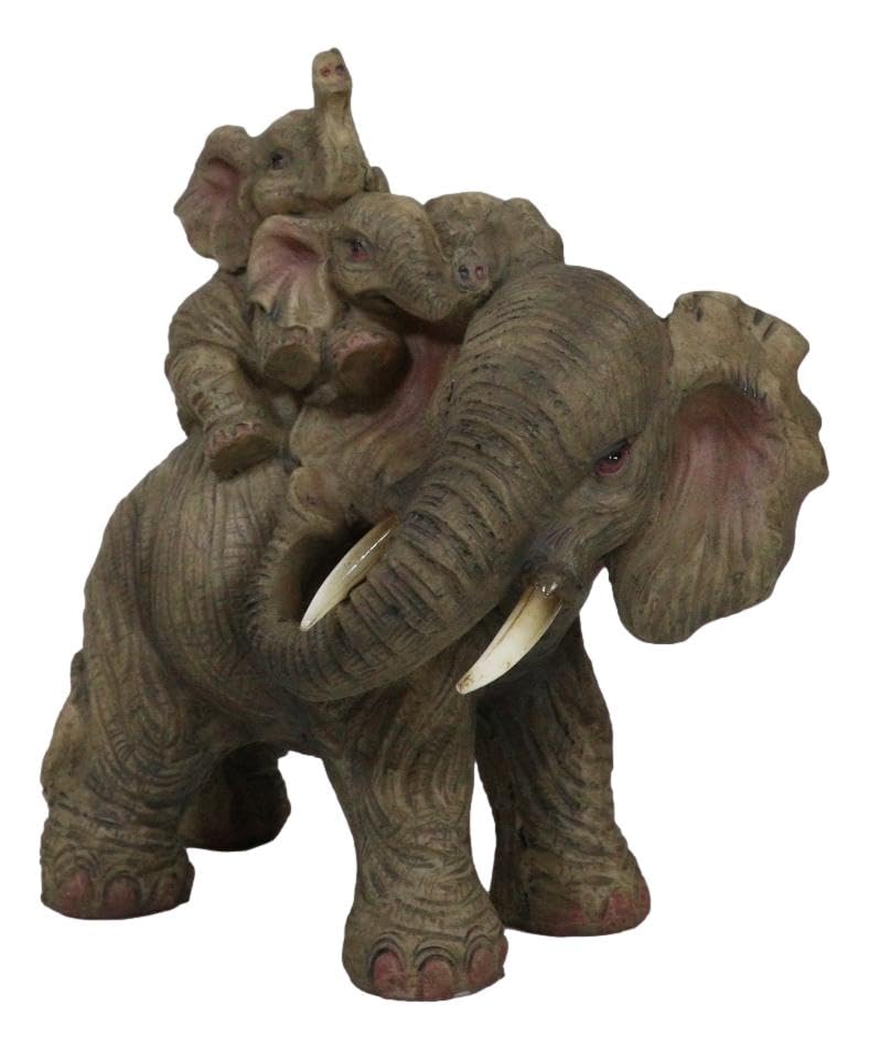 Ebros Small Wildlife Elephant Father And 2 Calves On Piggyback Playing Statue 5.25' Tall Resin Safari Elephants Family Figurine Sculpture Decor Gifts