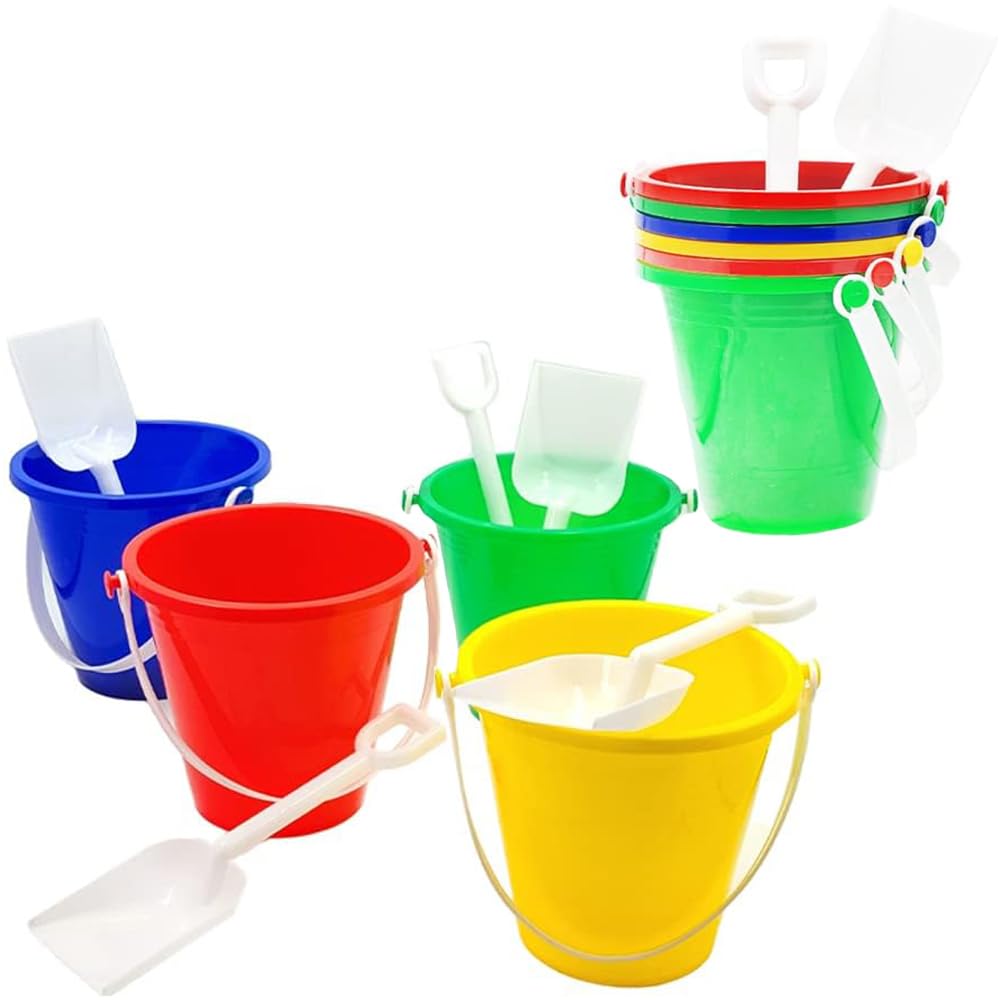 The Dreidel Company Beach Day Playsets (Pack of 6) 5.25'' Sand Bucket Play Set Box Includes, Pail & Shovel Sand Toy for Boys and