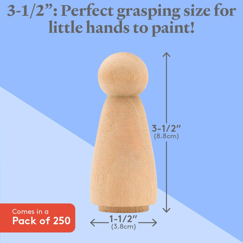 Wood Peg Dolls Large 3-1/2 inch, Mom/Angel Shape Peg People, Pack of 250 Unfinished Jumbo Peg Dolls to Paint