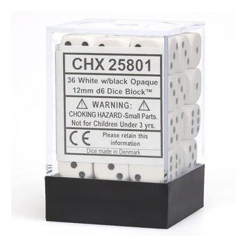 Chessex Opaque 12mm d6 White w/Black Dice Block 36 Dice