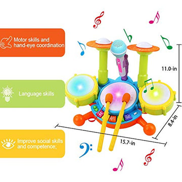 Pokonboy Kids Drum Set For Toddler 1-3, Musical Instruments Learning Toys With 2 Drum Sticks Adjustable Microphone Birthday For Boys Girls 6 12 18 Month (Yellow)