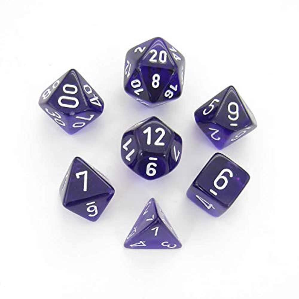chessex Manufacturing cHX23077 Purple Translucent Dice with White Numbers - Set of 7