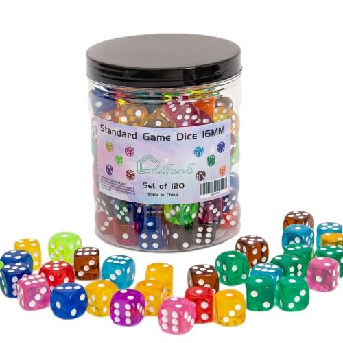 120 Pieces 16MM Dice Set, 6 Sided Standard Game Dices with Portable Box for Board Games,Worker Placement,Math Activities(Translu