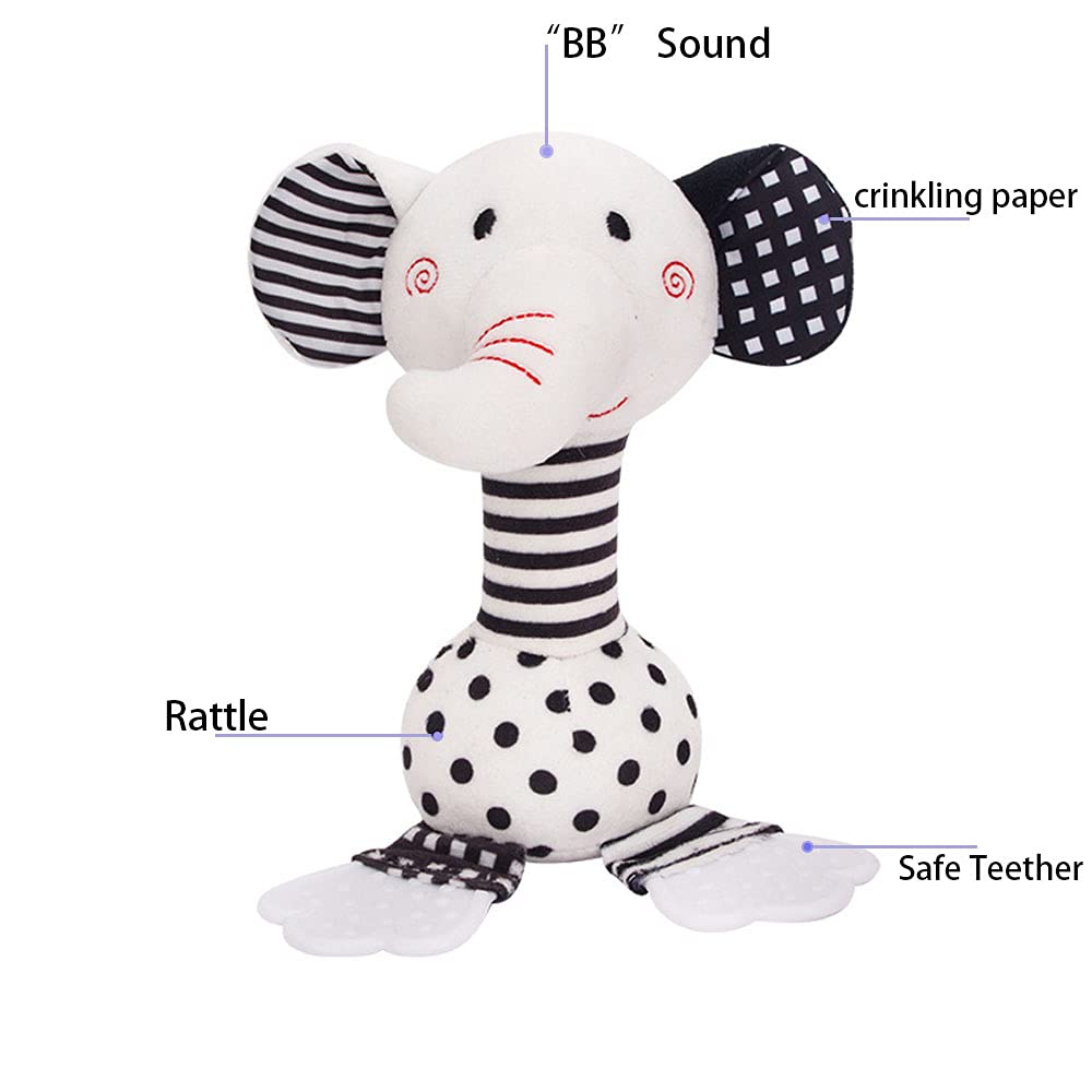 D-Kingchy Baby Toys 0-12 Months, Black And White Newborn Toys, Soft Plush Rattle Stuffed Animal Toy With Teether And Sound, Developmental Hand Grip Toys (Elephant)