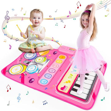 Amy & Benton Baby Piano Mat Pink Piano & Drum Mat 2 in 1, Toddler Musical Piano Mat Toy Birthday Gift for Girls Boys