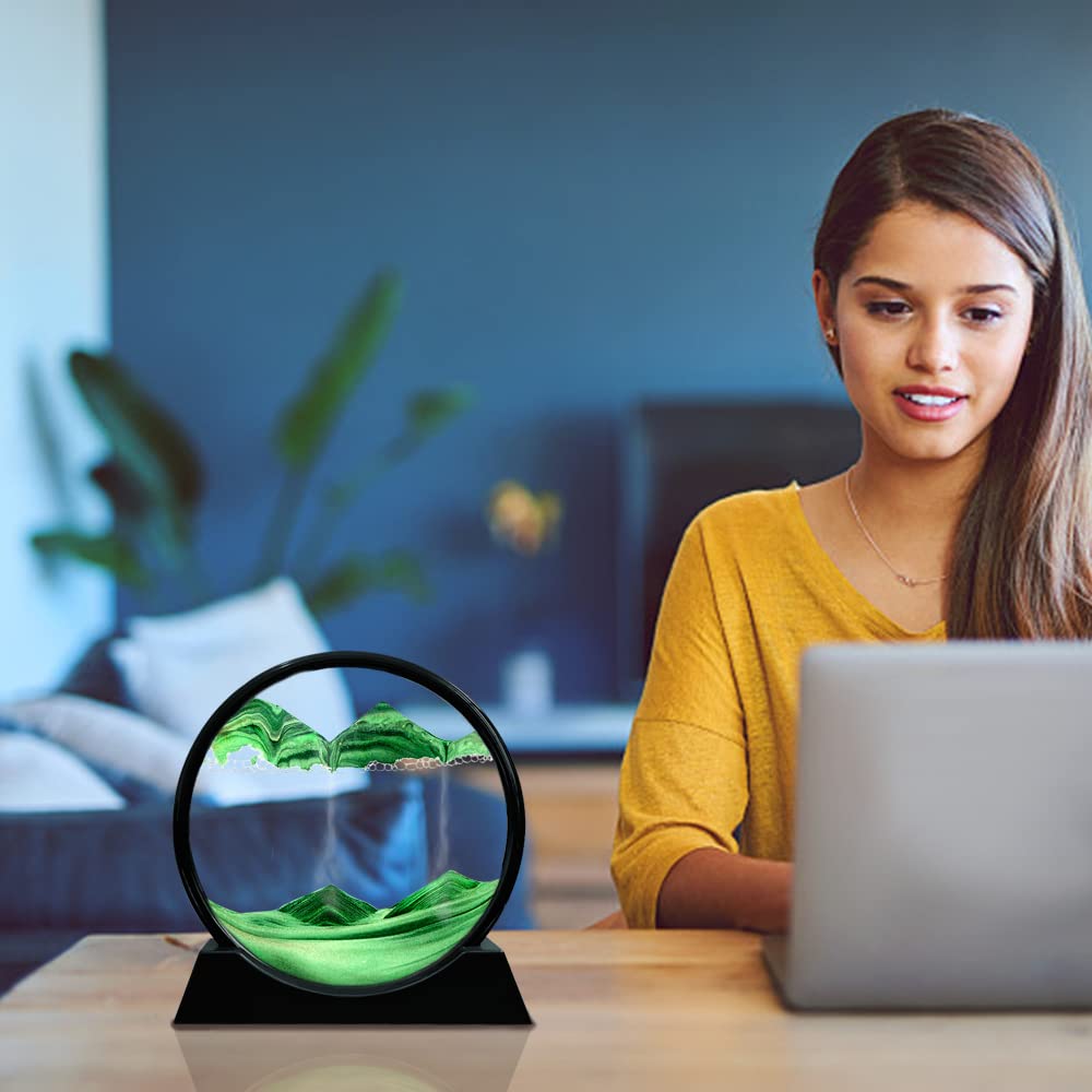 Muyan Moving Sand Art Picture Sandscapes in Motion Round Glass 3D Deep Sea Sand Art for mature-themed Kid Large Desktop Art Toys (7 Inch  Green)