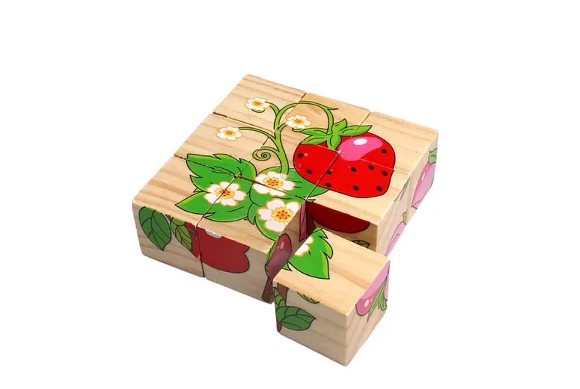 DymensionVentures  3D Jigsaw Puzzle Wooden Cube Block 6 Face 9 Pieces with Kids 2+ Years (Fruits)