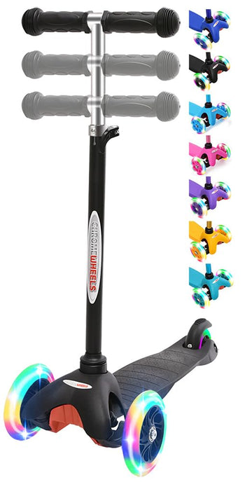Chromewheels Scooter For Kids, Deluxe 4 Adjustable Height 3 Wheels Glider With Kick, Lean To Steer With Led Flashing Light, Black
