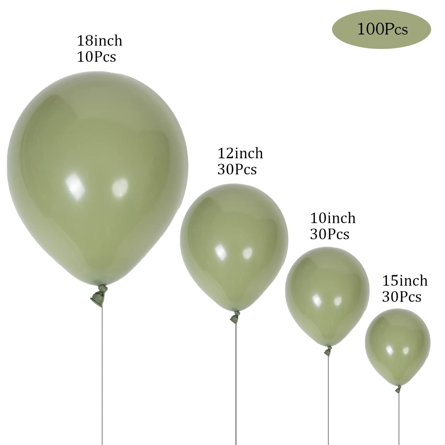 DECGOL Sage Green Balloons Party Pack - 100pcs in 18", 12", 10" & 5" Sizes, Made of Rubber for Birthdays, Baby Showers & Weddings