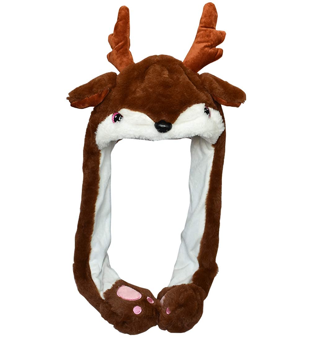 Joyhy Kids Adults Plush Hat Ear Moving Ear Flap Hat With Paw Brown Reindeer