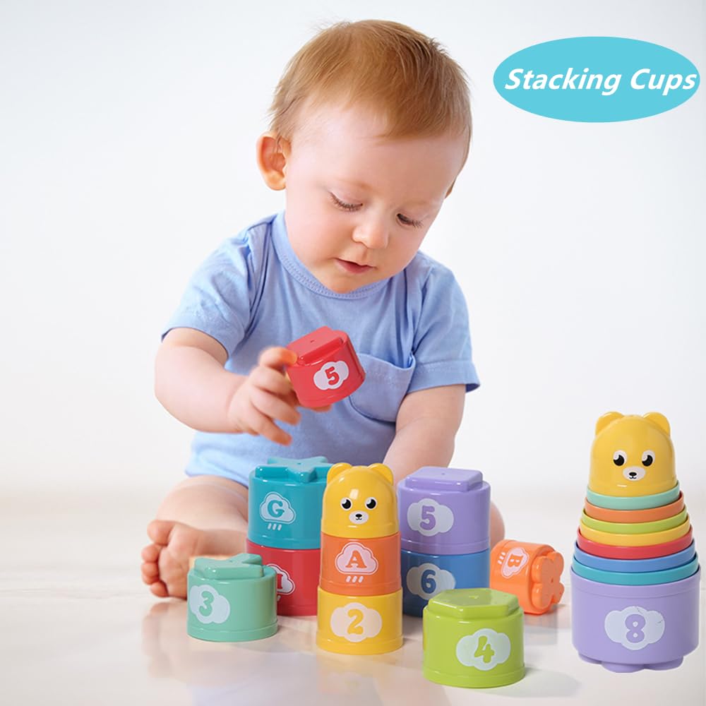 Elleck Baby Toys 6-12 Months, Montessori Toys For Toddlers 1-3 Year Old, Busy Cube Teether Infants Bath Toys 6 In 1 Stacking Blo