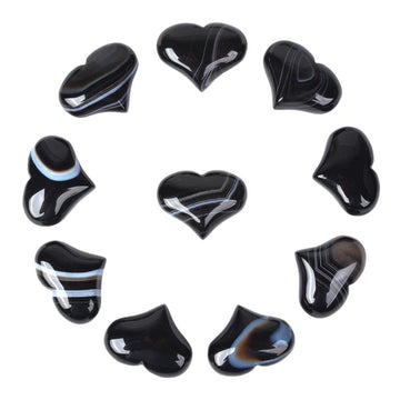 Black Banded Agate Gemstone Healing Crystal 1 Inch Mini Puffy Heart Pocket Stone Iron Gift Box (Pack Of 10)