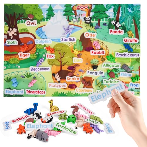 SHUWND Mini 3D Printed Zoo Animals Felt Story Board Set, 25Pcs, 4"x7.5"x2", Interactive Preschool Learning Toy, Colorful Felt