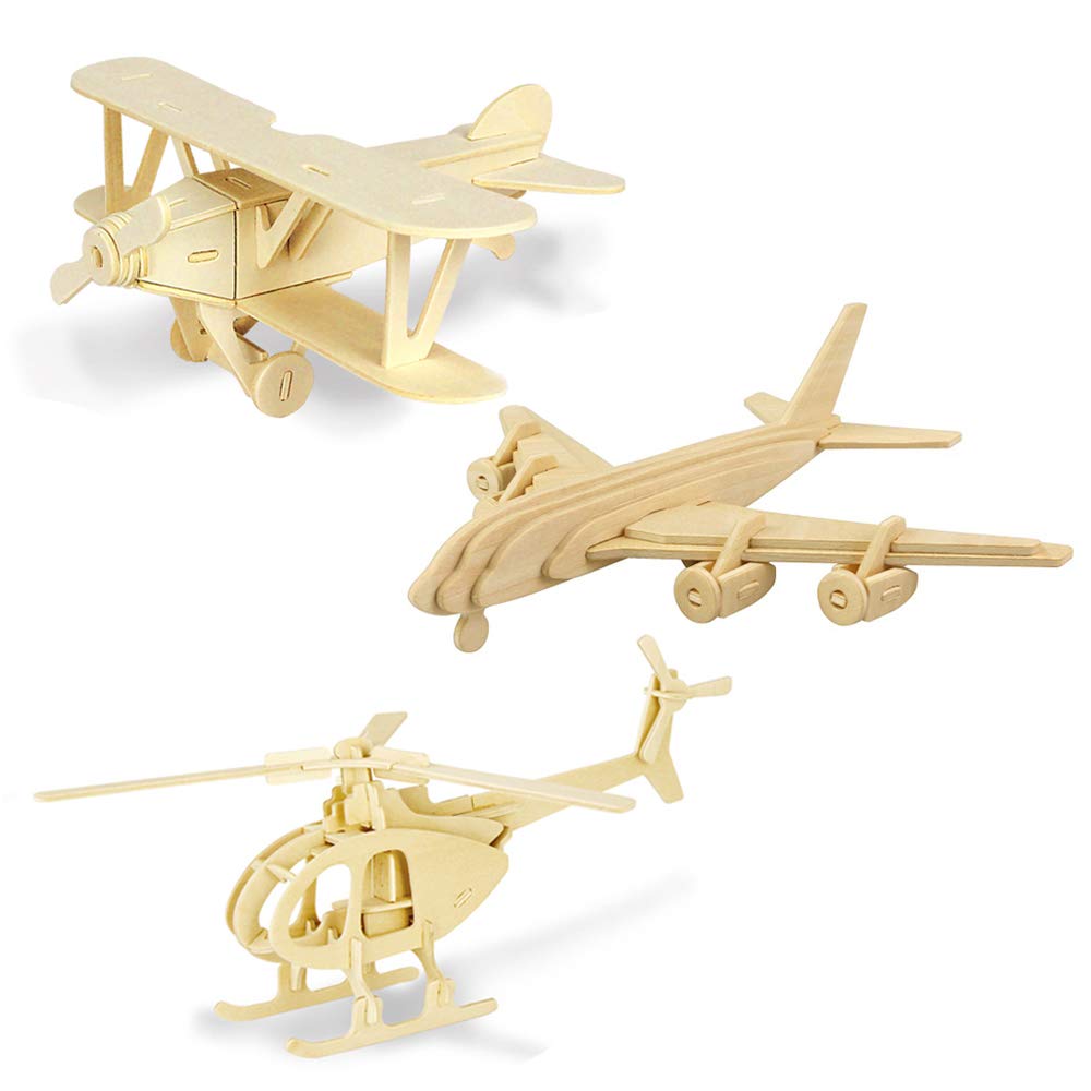 Georgie Porgy 3D Wooden Puzzles For Kids Toys Construction Woodcraft Kits Diy Model Puzzle Kits Birthday Gifts Pack Of 3 (Biplane Helicopter Civil Airplane)