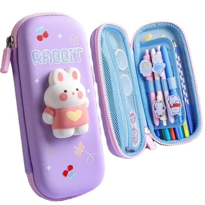 Pruuxa 3D Rabbit Pencil Box with Cute Rabbit Squishy for Boys for Girls and Kids for School 3D Embossed Pencil Zipper Pouch Stor