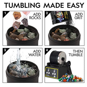 National Geographic Hobby Rock Tumbler Kit - Rock Polisher For Kids & Adults, Noise-Reduced Barrel, Grit, 2.5 Pounds Raw Gemstone & Jasper Mix, Great Stem Hobby Kit