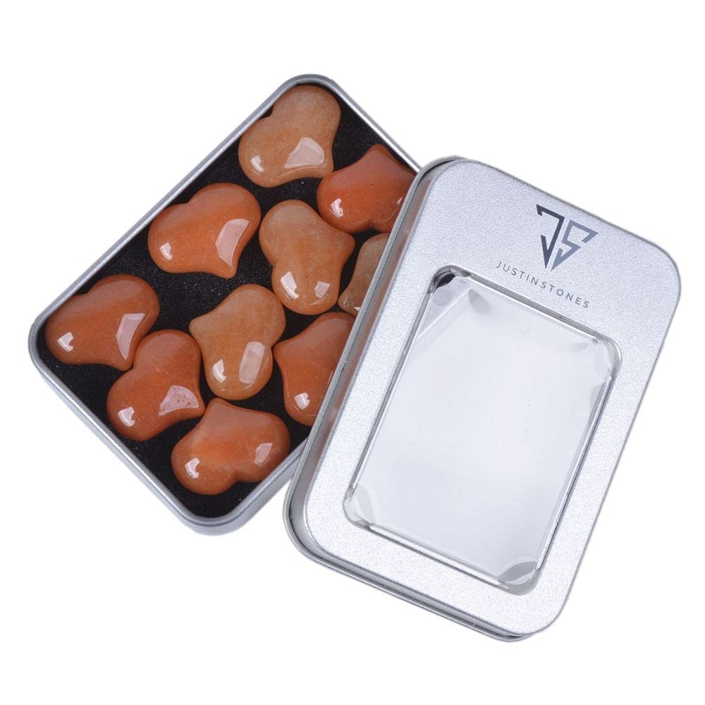 Justinstones Natural Orange Aventurine Gemstone Healing Crystal 1 Inch Mini Puffy Heart Pocket Stone Iron Gift Box (Pack Of 10)