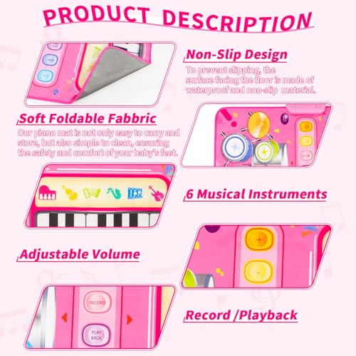 Amy & Benton Baby Piano Mat Pink Piano & Drum Mat 2 in 1, Toddler Musical Piano Mat Toy Birthday Gift for Girls Boys