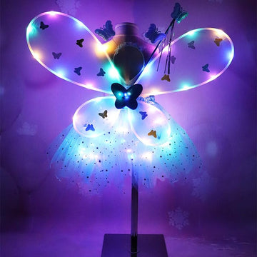 Purfeel Girls Led Light Up Angel Wings Kids Butterfly Wings Costume 4Pcs Sets Blue