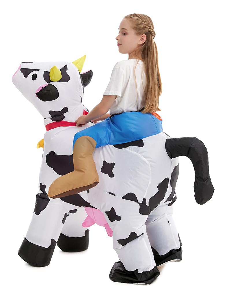 Inflatable Cow Costume Kids Boys Girls, Blow up Ride on Animal Cosplay Teen, Riding Halloween Rider Clothes Child