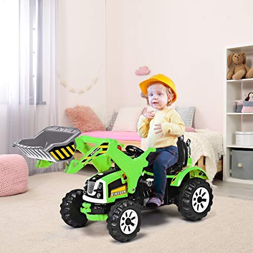 Honey Joy Ride On Excavator, 12V Battery Powered Construction Vehicles For Kids, Front Loader Shovel W/Horn, 2 Speeds, Forward/Backward, Safety Belt, Kids Bulldozer For Boys Girls(Green)