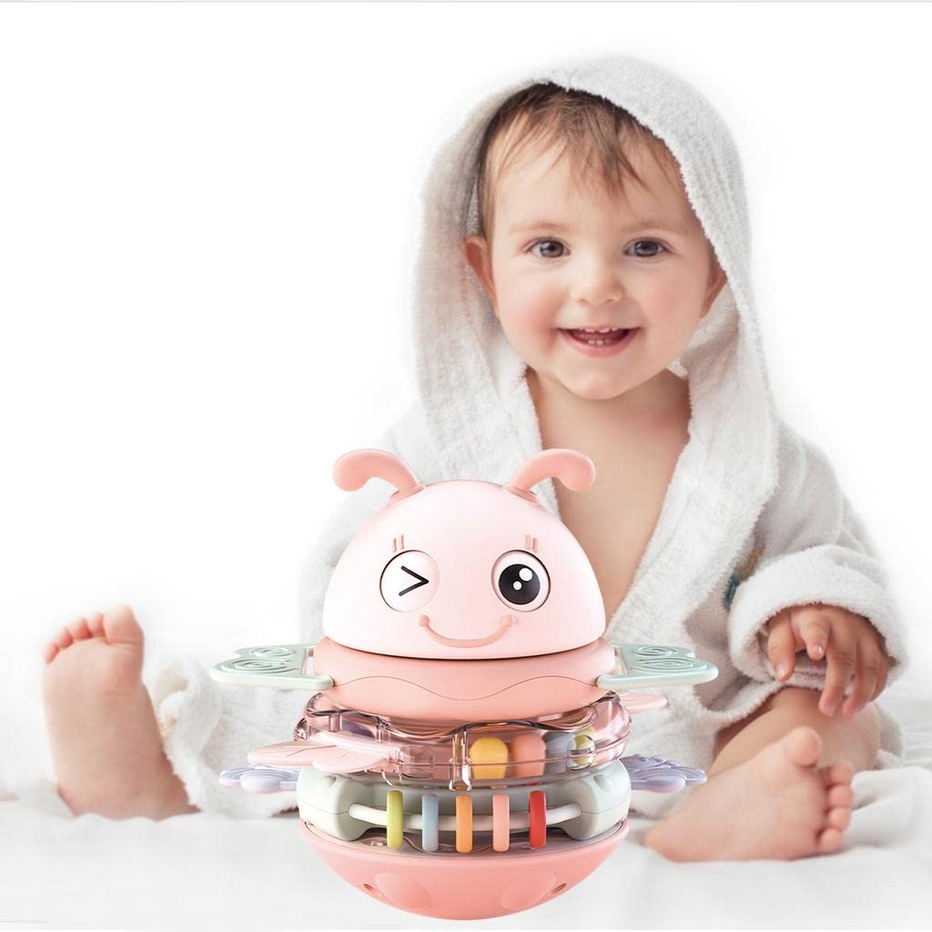 Merishopp Cartoon Tumbler Toys Hand Bell Teether Stacking Early Leaning For Baby Gift Pink| Baby Toy Set | Infant Learning Toy |
