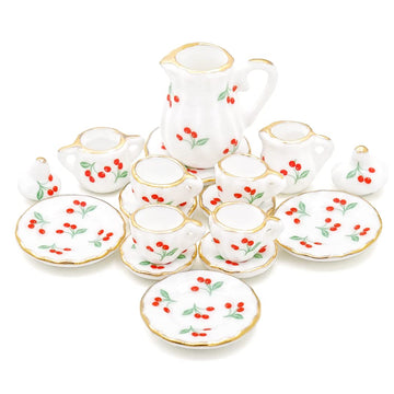 Odoria 1/12 Miniature Porcelain Tea Set 15Pcs Dollhouse Decoration Accessories, Cherry