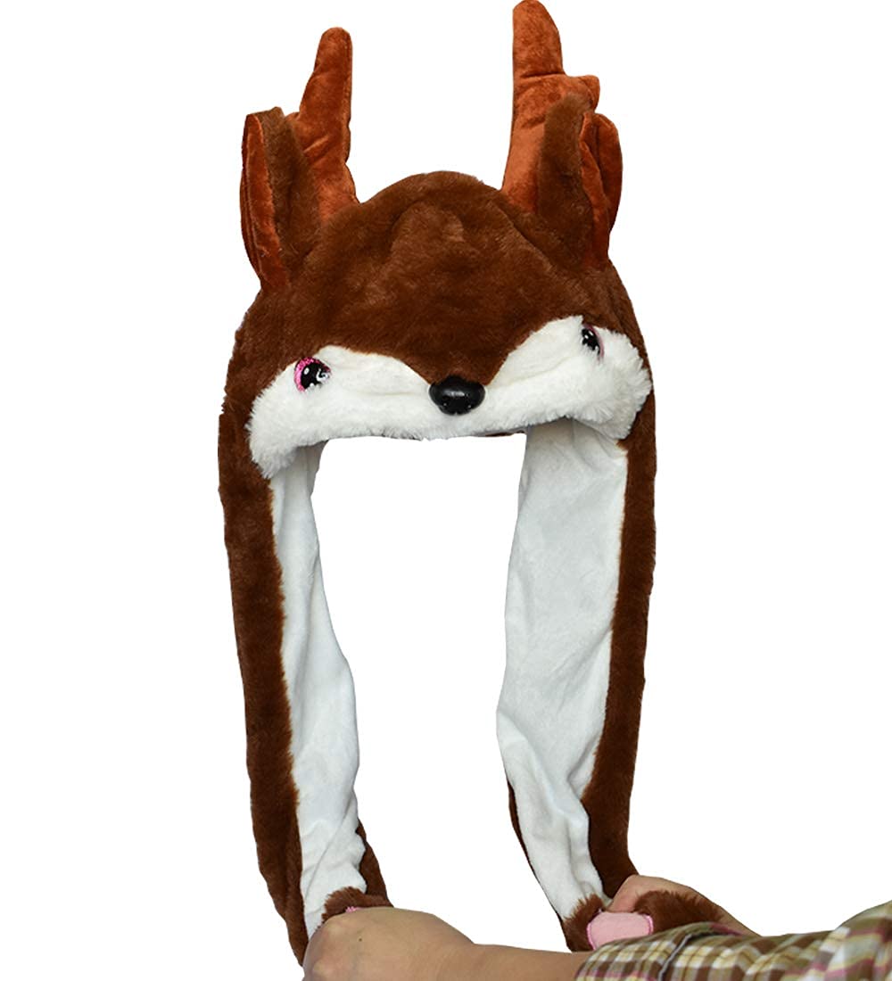 Joyhy Kids Adults Plush Hat Ear Moving Ear Flap Hat With Paw Brown Reindeer
