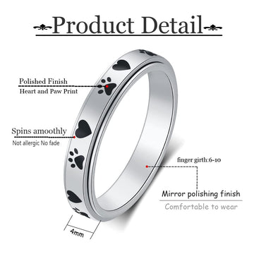 Amorartsky Spinner Ring For Anxiety Relief Fidget:Puppy Pet Lovers Paw Print Ring Anxiety Ring For Women, Titanium Stainless Ste