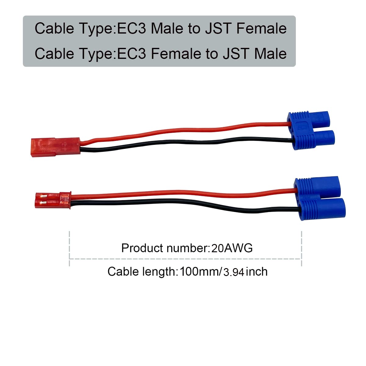 2pairs JST to EC3 Male Female Lipo Battery Connectors Adapter with 10cm 20awg Wire for RC FPV Racing Drone Multicopter Quadcopte