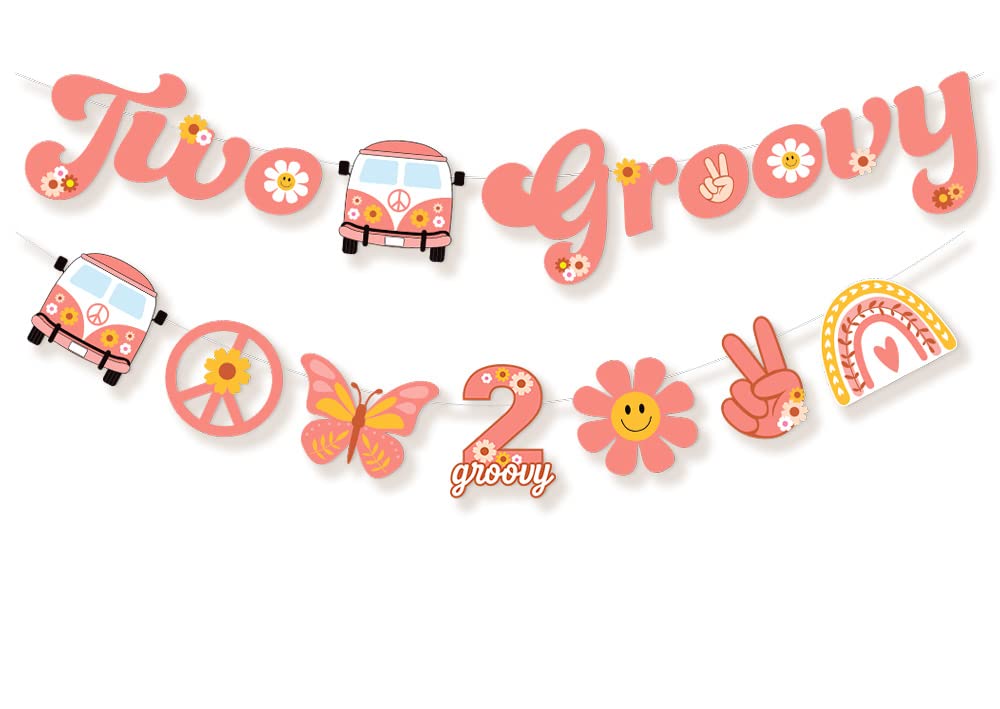 Ushinemi Two Groovy Party Decorations, Hippie Two Groovy Hanging Banner With Boho Garland, Retro Hippie Decor For Kids Girls