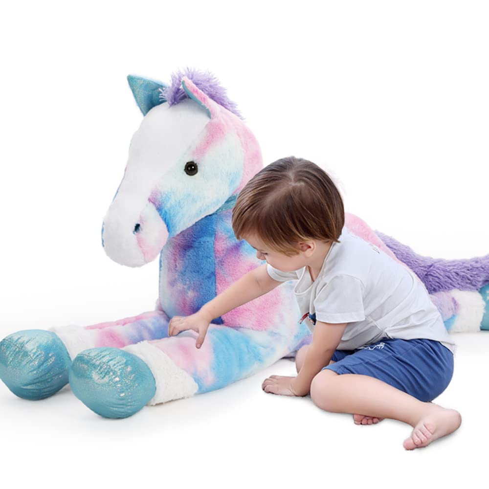 Tezituor 4ft Giant Horse Stuffed Animals  47inches Lifesize Stuffed Pony Plush Blue Horse Pillow Toy Gift for mature-themed Kids