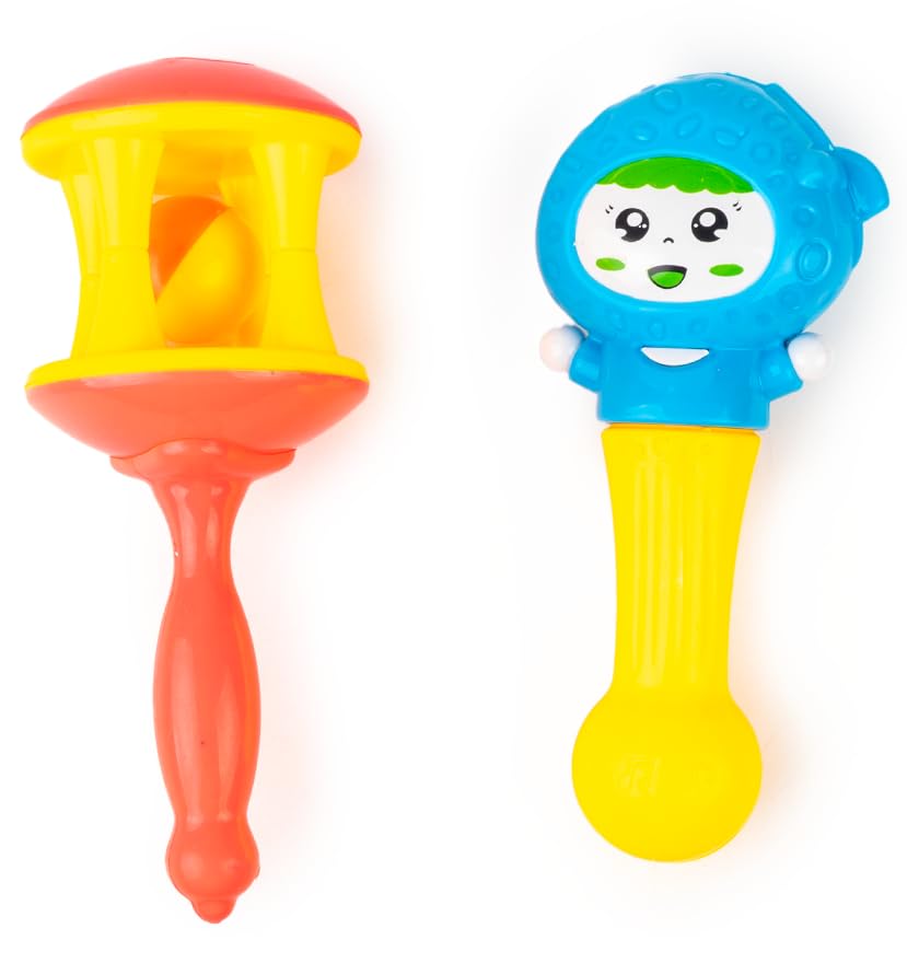 Ratnas Sargam Twin Rattle Set of 2 pcs with Sound to Attract New Born Babies, Infants & Toddlers (Assorted Colours)