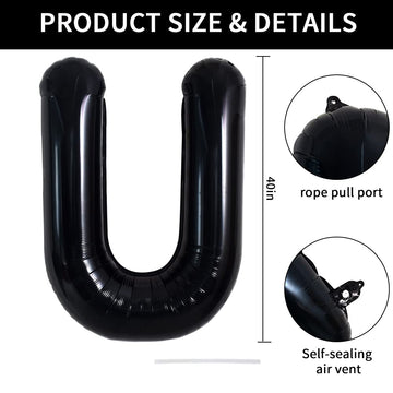 Toniful 40 Inch Large Black U Letter Balloons Jumbo Helium Balloons,Foil Mylar Big Alphabet Balloons For Birthday Party Annivers