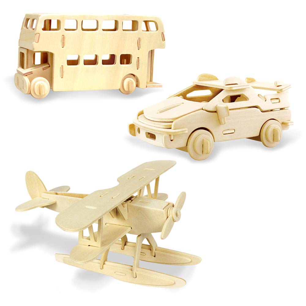 Georgie Porgy 3D Wooden Puzzles For Kids Toys Construction Woodcraft Kits Diy Model Puzzle Kits Birthday Gifts Pack Of 3 (Seaplane Sports Cars London Bus)